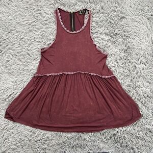 POL Womens Tunic Tank Top Lace Trim Stone Wash Peplum Small Burgundy